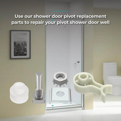 Shower Door Repair Kit With Pivot Pins And Bushings in a bathroom, showcasing stainless steel pivot pin and replacement parts.