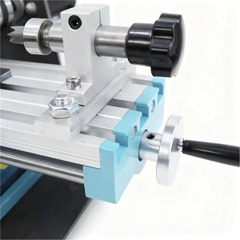 Close-up of SiCWedIm Bench Drill Precision DIY Wood Beads Lathe 400W showing metal components and adjustable knob.