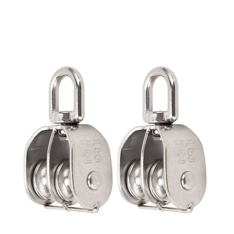 Beefy Heavy Duty Two Pack Double D Handles For Pulleys, 360 Degree Swivel Block, U Shaped Pulley Gear, 150Kg Bearing Capacity, 330.69Lb Rating, Great For Boat Lifts, Tackle Systems, And Pulley Assemblies. stainless steel double pulley blocks, pack of 2