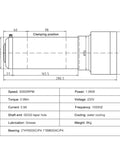 Detailed diagram of Kick Ass 1.5KW Water Cooled Spindle Motor For CNC Routers 220V, showcasing dimensions and specifications.