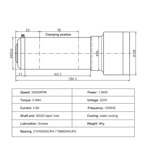 Detailed diagram of Kick Ass 1.5KW Water Cooled Spindle Motor For CNC Routers 220V, showcasing dimensions and specifications.