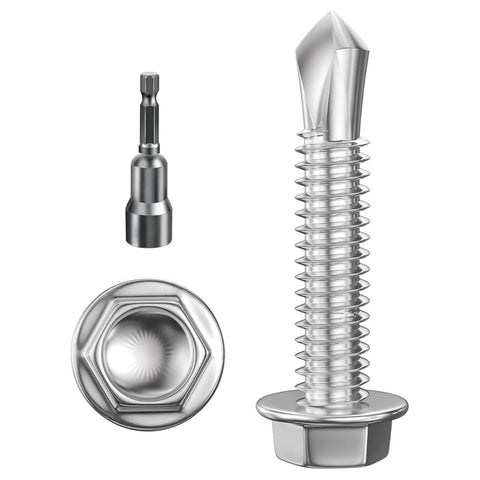 Size 12 By 3 Inch Hardened 410 Stainless Steel Self Drilling Screws Heavy Duty Slick Threading with hex washer head and bit.