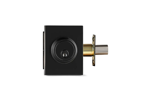 Front Door Handle Set With Deadbolt Lock, Heavy Duty Single Cylinder, Iron Black Finish, side view of square exterior deadbolt