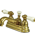 Polished Brass Two-Handle Center-Set Lavatory Faucet With Brass Pop-Up Drain, Solid Brass Construction, Drip-Free Ceramic Disc Cartridge