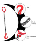 Red lifting chain sling with hooks on both ends, 49.21-inch length, manganese steel, polished links