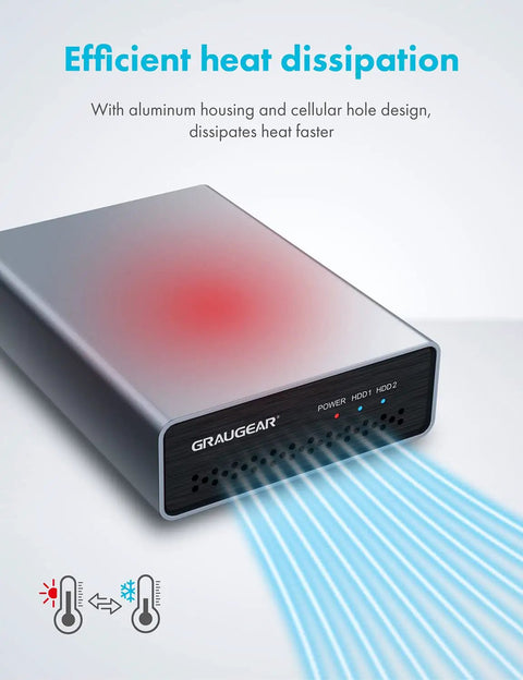 Dual Bay External Raid Enclosure For 2.5 Inch Sata Drives With Usb C Gen Two Ports, Heavy Duty Aluminum Shell, No Sweat Hot Swap Setup, And Rock Solid Raid Zero Or Raid One Modes showing efficient heat dissipation design.