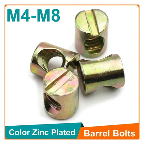 Slotted Hammer-Embedded Barrel Nuts And Dowel Bolts Set M4 To M8 For Furniture, zinc plated, close-up view of nuts