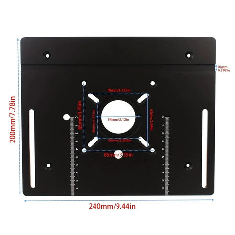 Premium Aluminum Router Table Insert Plate Featuring Quick Flip Lift Mechanism And Precision Miter Channel For Dope Maker Shop Rigs That Provide Zero Slop On Every Cut In Vibrant Red, showing dimensions and mounting details.