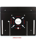 Upgrade Your Bench Today With This Sturdy Aluminum Router Table Flip Plate That Pairs With A Precision Miter Gauge For Knockout Wood Milling Results In Slick Sky Blue, showing dimensions and mount points.