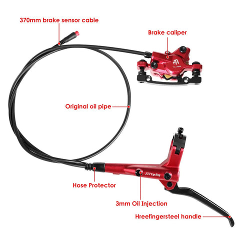 2-Pin 2-Piston Hydraulic Disc Brake Kit For E-Bikes And MTB, Pre-Bled With Mineral Oil, detailed view of brake caliper and lever