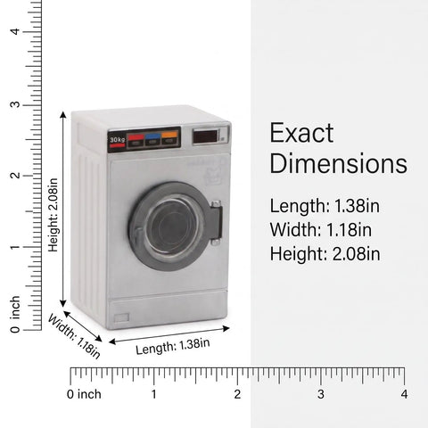Dead On Realistic 1:12 Scale Mini Drum Washing Machine For Dollhouse Kitchen Setup showing dimensions of 1.38in x 1.18in x 2.08in.