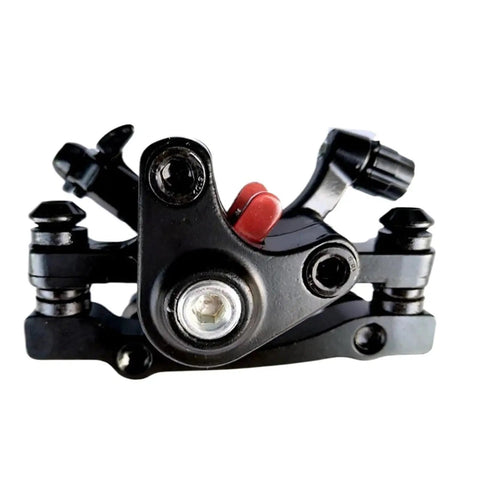 Rock Solid Mechanical Disc Brake Set With Dual Piston Calipers And Six Bolt Rotor close-up view of the caliper design.