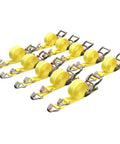 Heavy Duty Ratchet Tie Down Straps 1.5 Inch Wide By 15 Feet Long With 4,400 Pound Breaking Strength And J Hook Ends 10 Pack For Secure Cargo On Trailers And Trucks shown in yellow.