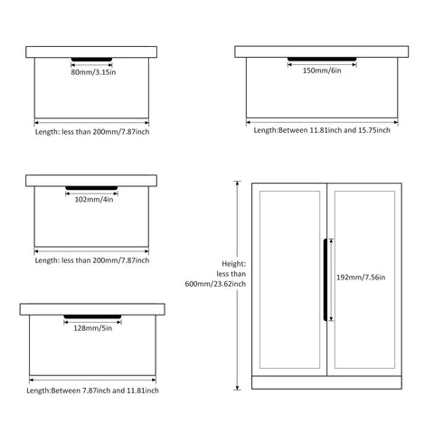 Installation diagram for 10 Pack Black Cabinet Pulls 3 Inch Aluminum Alloy Edge Finger Pull Dresser Drawer Handles for various sizes.