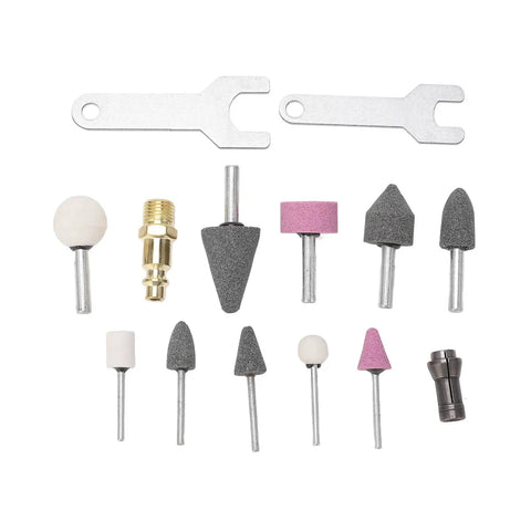 Accessory kit for Heavy Duty Right Angle Pneumatic Air Die Grinder including various grinding bits and wrenches.