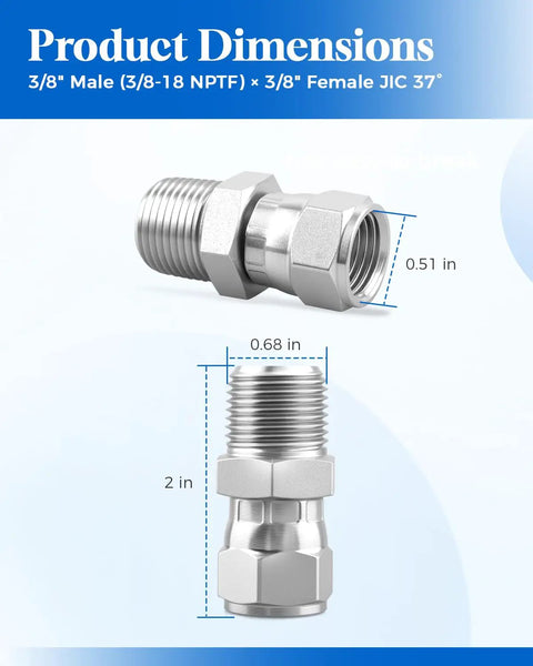 Heavy Duty Hydraulic Hose Adapter Fitting 2 Pack 3/8 Inch Male NPTF To 3/8 Inch Female JIC 37 Degree Swivel Carbon Steel Straight Pipe Joint With Galvanized Finish For Superior Rust And Corrosion Resistance, dimensions shown