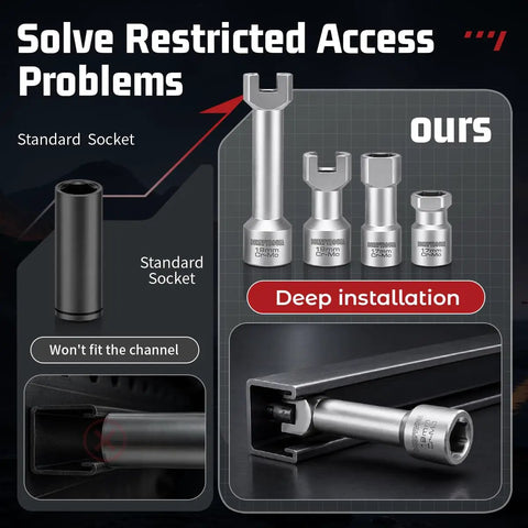 Heavy Duty Five Piece Strut Channel Socket Set For One Half Inch Drive With Quick Change Adapter shown in comparison with standard socket.