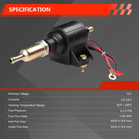 12V Electric Fuel Pump For Cars, Trucks, Boats And Generators, Delivers 2 To 3.5 PSI And 28 GPH Flow, Three Eighth Inch Inlet And Outlet