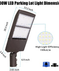 300W Dimmable LED Parking Lot Light With Slip Fitter, 5000K, 42000 Lumens, dimensions diagram and components shown