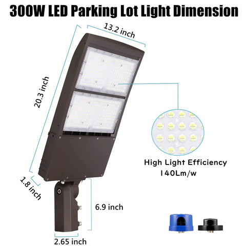 300W Dimmable LED Parking Lot Light With Slip Fitter, 5000K, 42000 Lumens, dimensions diagram and components shown