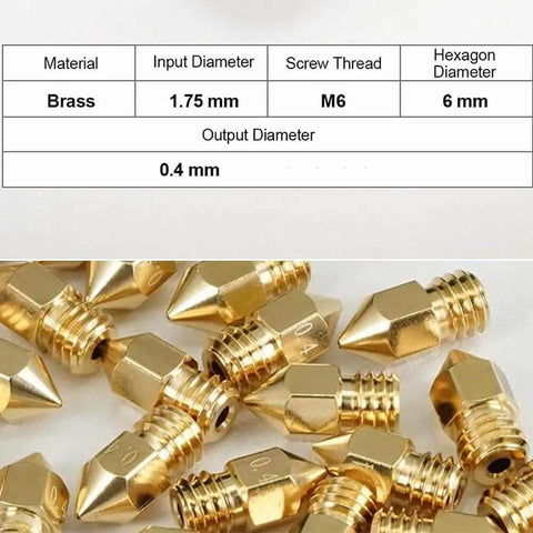 16Pcs 0.4mm MK8 Brass Ender 3 Nozzle Set For 3D Printers, includes size and thread specifications