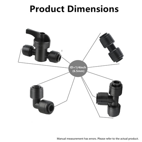 Drip irrigation fittings kit for 1/4" tubing; black plastic connectors with valve, tees, elbows, couplings (Amazon brand)