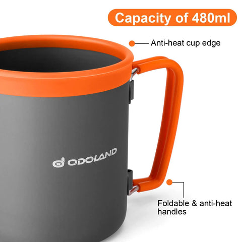 Gray and orange 480ml mug, part of Backpacking Cooking Kit With 1300W Stove 0.6L And 0.8L Pots Canister Stabilizer Spoon Fork Knife 16oz Mug Mesh Carry Bag