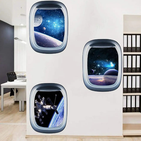 3D Planet Universe Galaxy Space Wall Decals Set With Spacecraft And Astronauts Peel And Stick Removable PVC Wall Murals in office