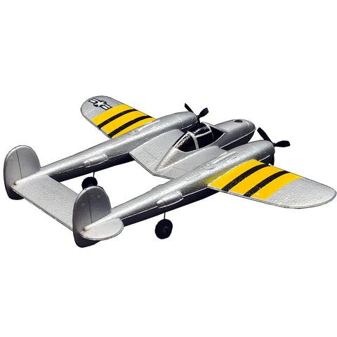 Beginner Friendly P38 RC Plane With 2.4GHz 2CH RTF Remote, Lightweight EPP Foam Warbird, Night Lighting, Easy Launch, 10 Minute Flight Time, Great for New Flyers, showing a detailed view of the EPP foam material and dual turbine design.