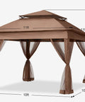 Pop Up Patio Gazebo With Mesh Walls 11x11 Brown, Easy Setup For 1 To 2 People, 121 Square Feet Covered Shade shown with dimensions