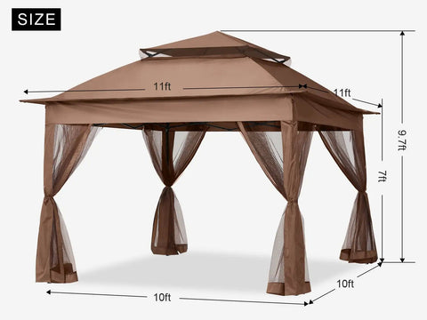 Pop Up Patio Gazebo With Mesh Walls 11x11 Brown, Easy Setup For 1 To 2 People, 121 Square Feet Covered Shade shown with dimensions