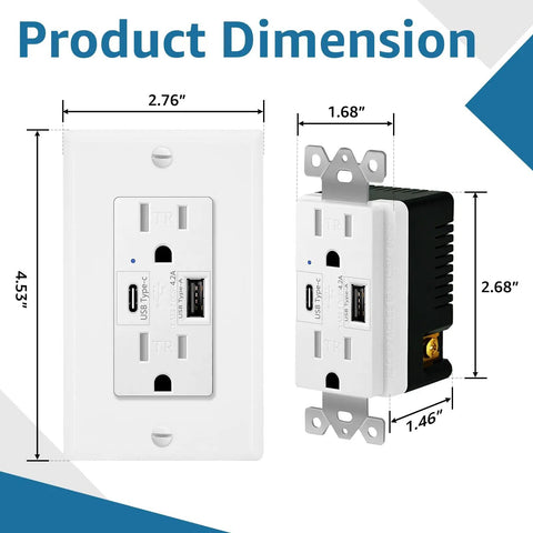 20 Pack White USB Wall Outlet With Dual Type A C Quick Charge Ports 15 Amp Tamper Resistant Faceplate dimensions and design.
