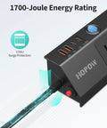 Flat Plug Power Strip With Individual Switches, Ultra Thin 10 Ft Extension Cord, 5 Outlets Plus 2 USB-C 20W PD And 2 USB-A, 1700 Joules Surge Protector, Black, showing 1700-joule energy rating and USB ports.