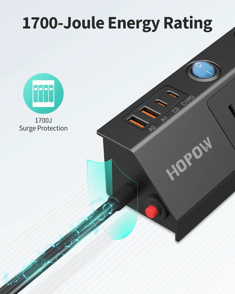 Flat Plug Power Strip With Individual Switches, Ultra Thin 10 Ft Extension Cord, 5 Outlets Plus 2 USB-C 20W PD And 2 USB-A, 1700 Joules Surge Protector, Black, showing 1700-joule energy rating and USB ports.