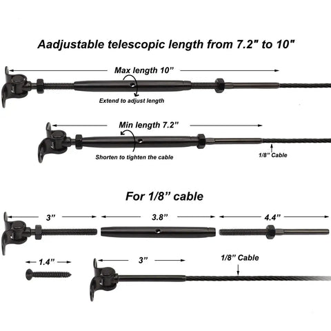 Black Stainless Cable Railing Hardware Kit, 20 Pairs, Fits 1/8 Inch Cable For Wood Posts, Stairs And Decks, Marine Grade T316, 180 Degree Adjustable Base shown with dimensions.