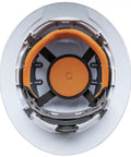 Interior view of white Hard Hat With Rechargeable Headlamp Vented Full Brim Style Padded Odor Resistant Sweatband For All Day Comfort