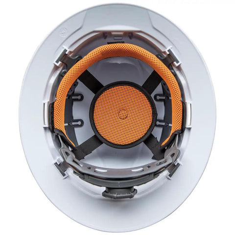 Interior view of white Hard Hat With Rechargeable Headlamp Vented Full Brim Style Padded Odor Resistant Sweatband For All Day Comfort