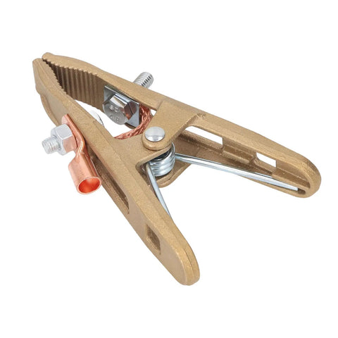 Heavy Duty 500 Amp Brass A Shape Welding Ground Clamp With Mighty Grip For Mig Mma Tig Arc Jobs Close-up showing jaws and attachment.
