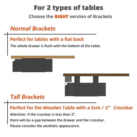 Illustration showing two types of brackets for installing Under Desk Drawer Organizer 18 Inch Pull Out Storage Mounted Under Desk Or Workbench.