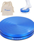Blue metal ballet turning disc board for pirouette training; shows a foot on the disc; includes beige drawstring bag.