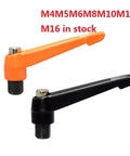 Professional Grade Tough As Nails Adjustable Clamping Handle Lever with M4 to M16 Threaded Metal Knob in orange and black.