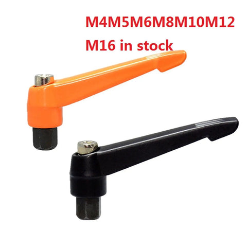 Professional Grade Tough As Nails Adjustable Clamping Handle Lever with M4 to M16 Threaded Metal Knob in orange and black.