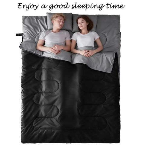 Double Sleeping Bag For Two With 2 Pillows, Queen Size XL For Two Adults, 3 Season Warm Cold Weather Comfort