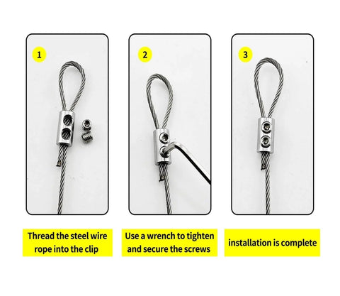 Step-by-step installation of Heavy Duty Steel Wire Cable Clamps With Double Hole Thread Locker For 1.5mm To 2mm Wire Rope Copper Clips