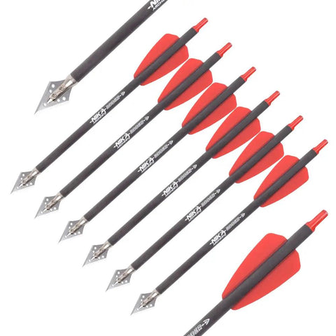 7.5 Inch Carbon Crossbow Bolts with 2 Inch Red Vanes, 100 Grain Broadhead Options, Field Point Or Blade Broadheads.