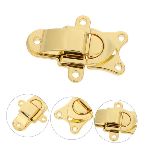 Stunning 2Pcs Vintage Duckbilled Hasp Latch Set, Heavy Duty Zinc Alloy Golden Toggle Lock showing a gold latch for jewelry boxes and cabinets.