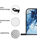 Detailed view of Rock Your Kitchen With These Cool Abstract Blue Fluid Shapes Oven Mitts, showing waterproof fabric and loops.