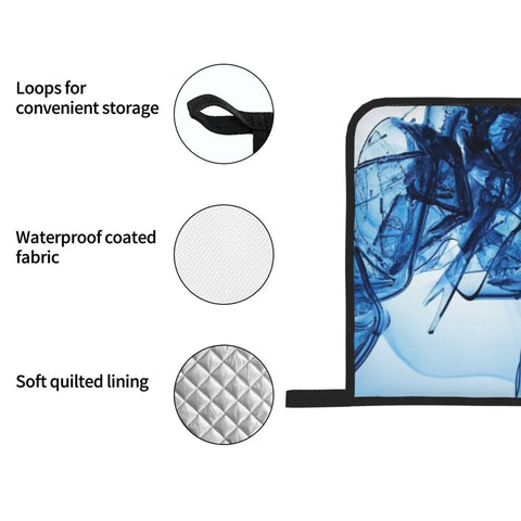 Detailed view of Rock Your Kitchen With These Cool Abstract Blue Fluid Shapes Oven Mitts, showing waterproof fabric and loops.