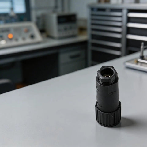 All Plastic 7 Pin Proportional Valve Connectors Featuring Rock Solid Female Plugs For Hydraulic Solenoid Connections And Industrial Machinery Built Super Tough, shown on a workbench.