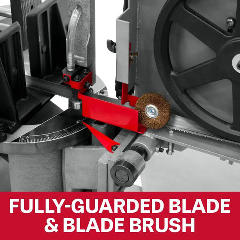 10 Inch Portable Dual Mitering Bandsaw With Coolant System, Hydraulic Downfeed, Automatic Shutoff, Self Propelled Blade Brush, Protractor Angle Cutting, 115/230V One Phase, Heavy Duty Metalworking Workhorse